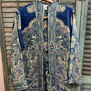Travel Smith cardigan duster paisley rayon acrylic XL tapestry look blue